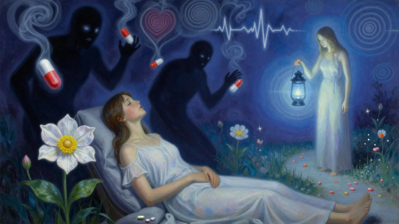 Paciente sereno junto a una flor tiroides, mientras píldoras peligrosas se desvanecen en sombras.