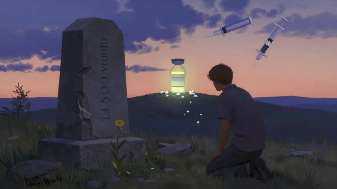 Paisaje simbólico con un paciente junto a una tumba de precio alto, mientras un nuevo biosimilar brilla en la distancia.