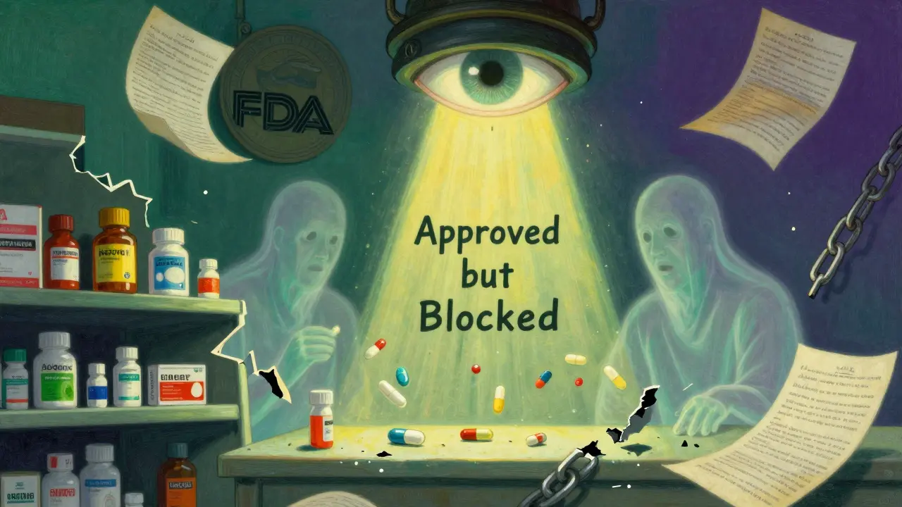 Píldoras genéricas fantasmales flotan detrás de una estantería de medicamentos de marca, bloqueadas por patentes.