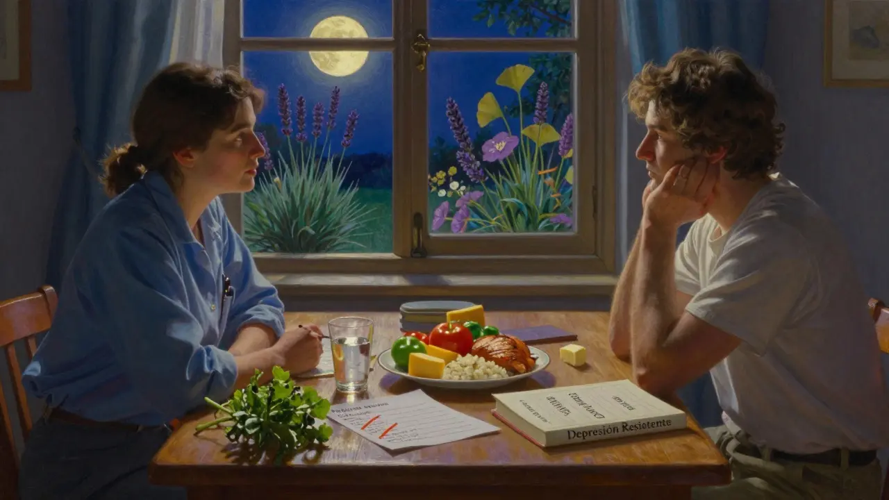 Psiquiatra y paciente en una sala iluminada por la luz dorada, con alimentos seguros y prohibidos sobre la mesa.