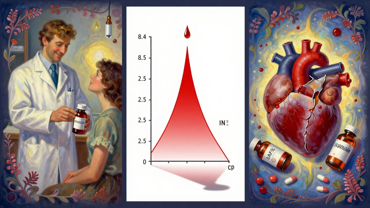 Triptych: un farmacéutico entrega Danshen, un gráfico de sangre se dispara y un corazón se rompe entre medicamentos.