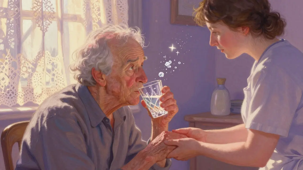 Un adulto mayor bebe solución de rehidratación mientras cristales brillantes flotan alrededor.