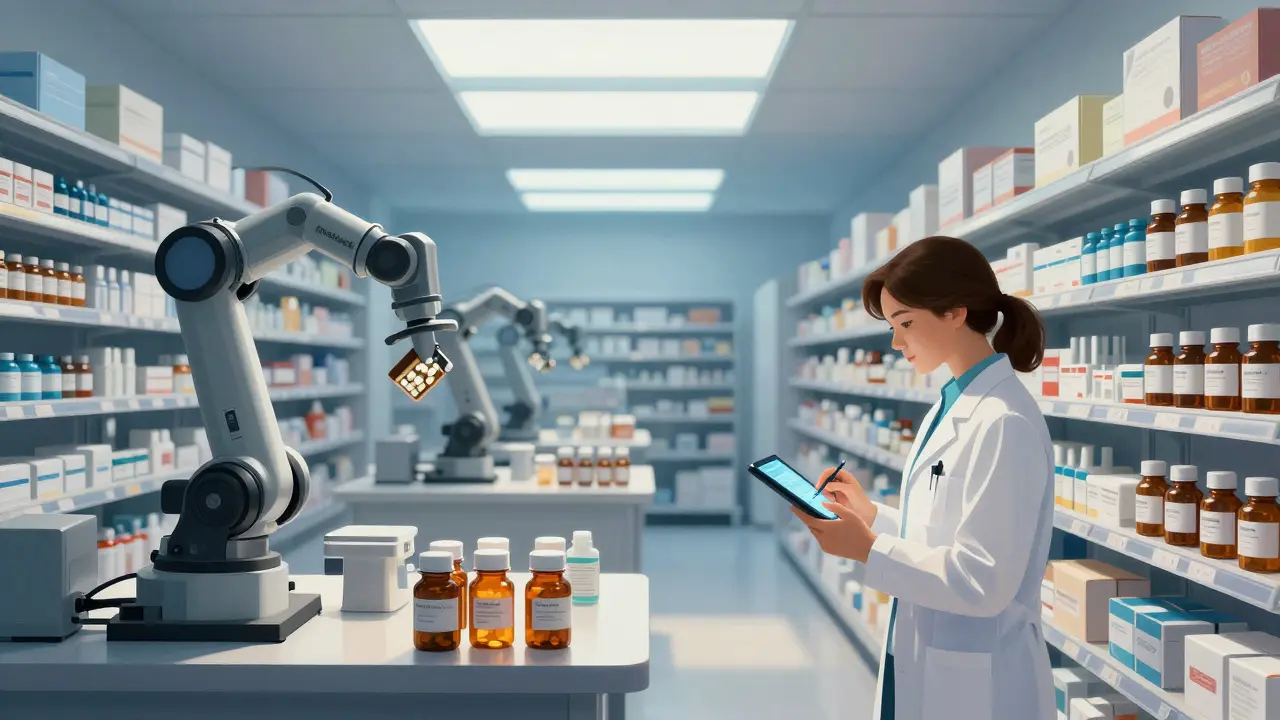 Un almacén farmacéutico automatizado con brazos robóticos organizando botellas bajo luces suaves y ventanas altas.