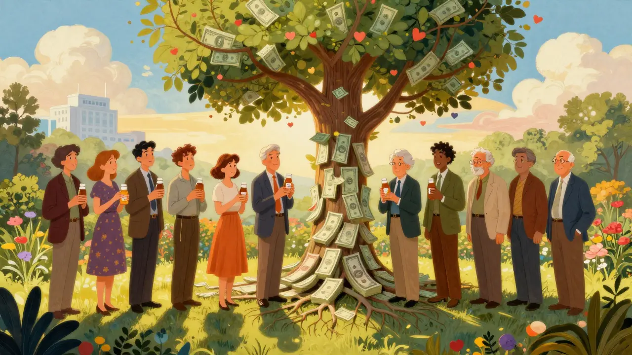 Un grupo diverso de personas en un jardín, con sombras que forman un árbol cuyas raíces son billetes y hojas son corazones.