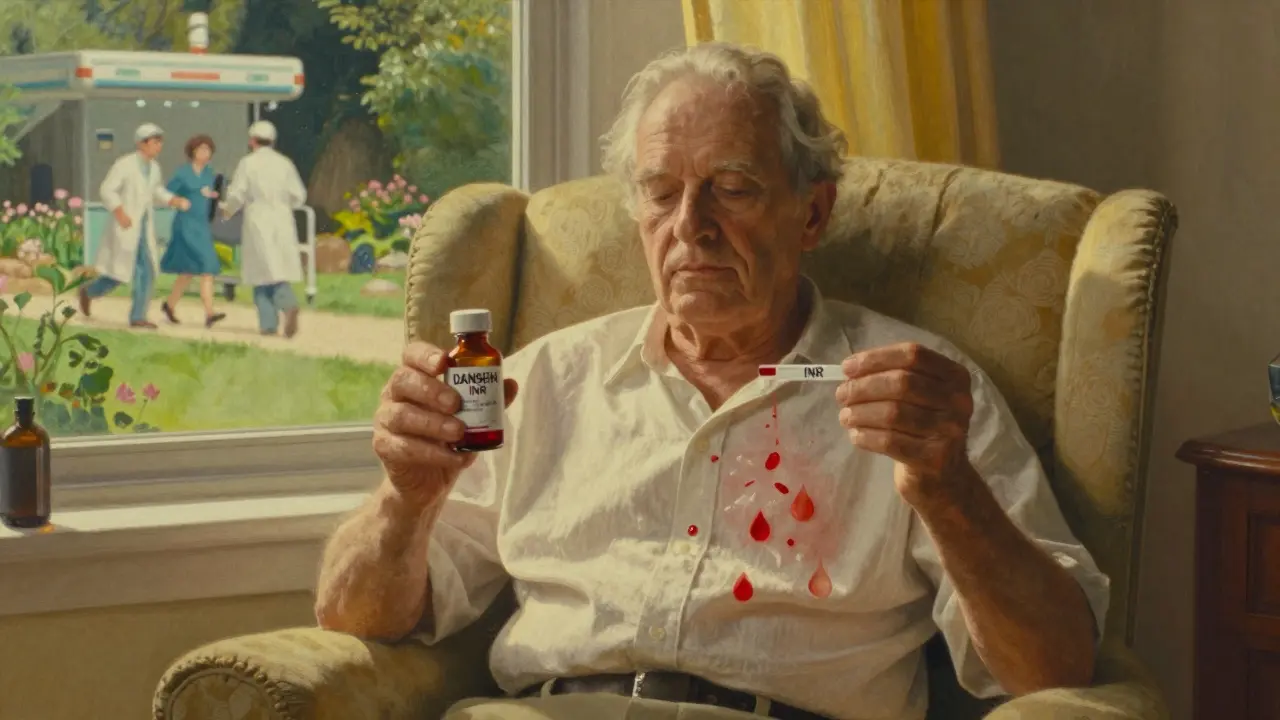 Un hombre mayor sostiene un suplemento de Danshen mientras gotas de sangre caen de su pecho en luz dorada.