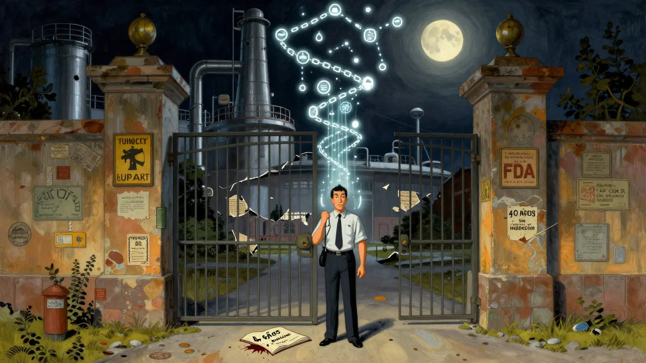 Un inspector frente a una fábrica abandonada, con cadenas de blockchain y datos brillando en el cielo nocturno.