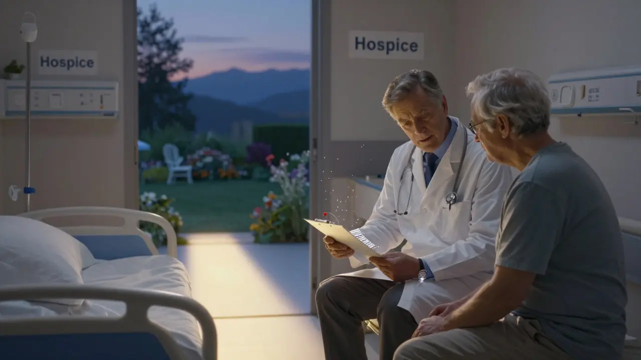 Un médico y un paciente revisan una receta médica en una habitación de hospital al atardecer, con un camino de luz hacia una puerta.