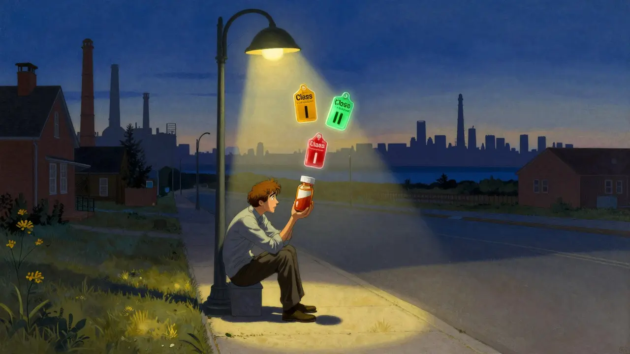 Un paciente sostiene un frasco bajo una lámpara, con símbolos de alerta flotando encima en el cielo crepuscular.