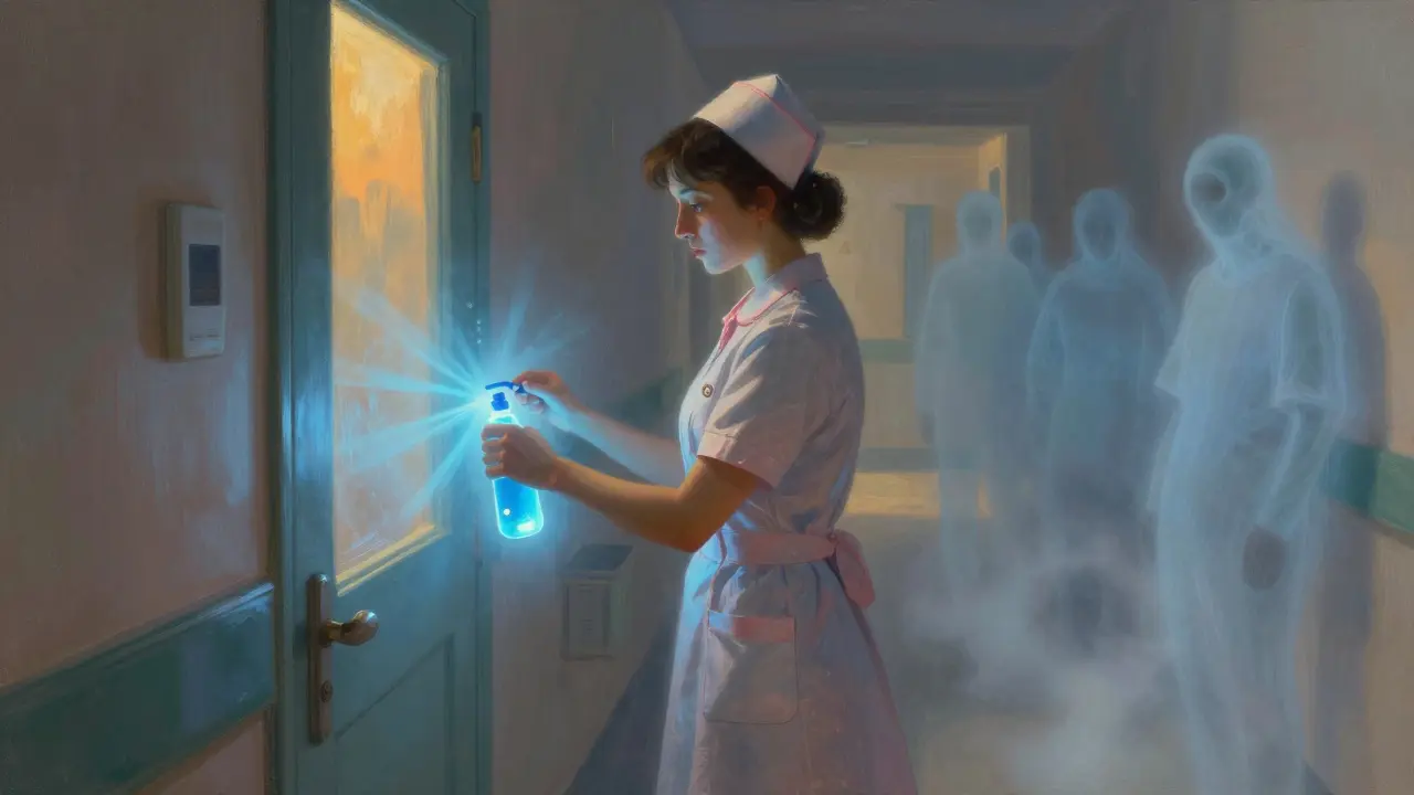 Una enfermera desinfecta una manija con luz azul radiante en un pasillo hospitalario.