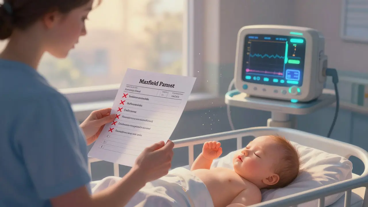 Una enfermera revisa una lista impresa que prohíbe medicamentos riesgosos en un bebé bajo luz matutina.