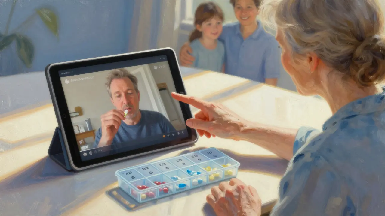 Una mujer mayor mira una tableta con video de toma de medicamentos, junto a un organizador de pastillas.