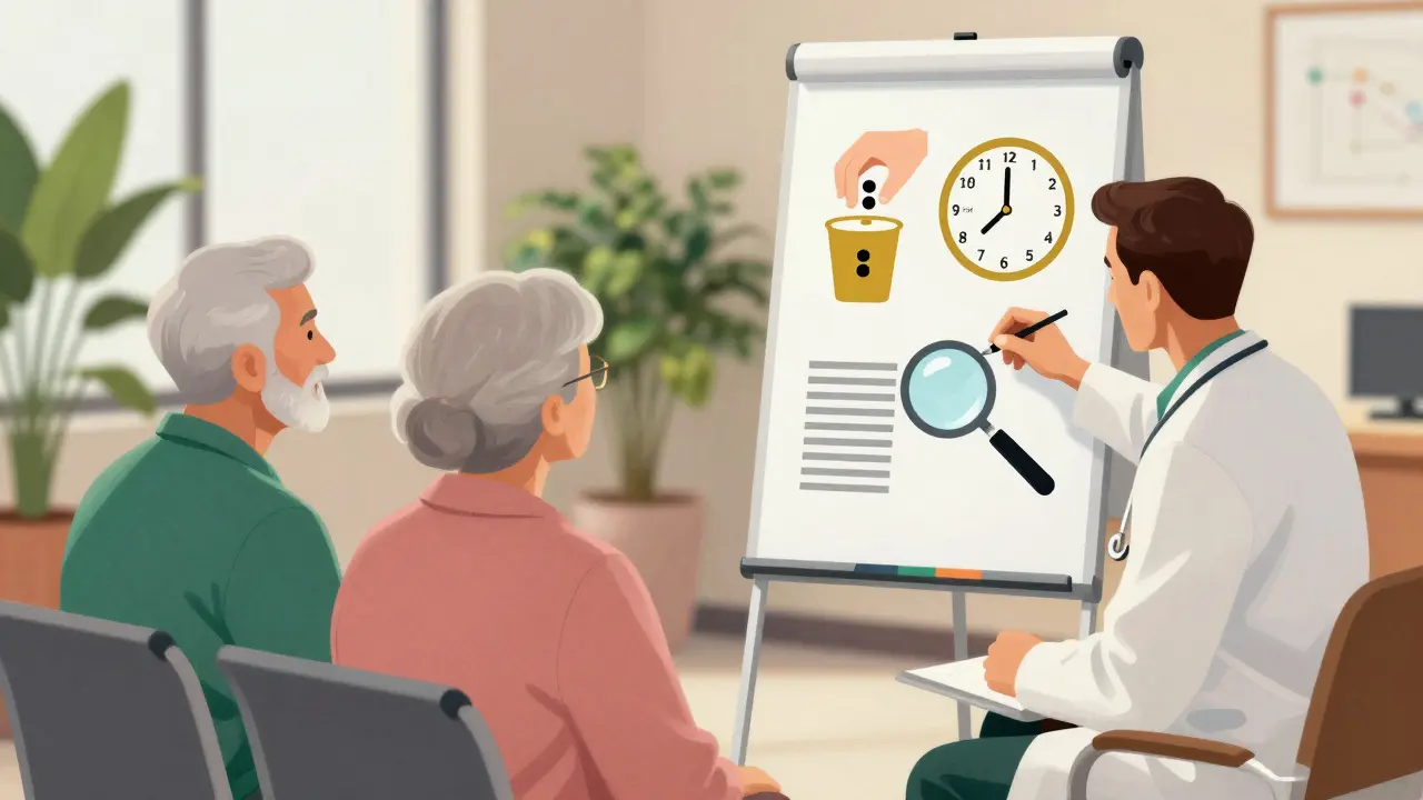 Una pareja mayor escucha a un profesional de salud usando un cartel visual con iconos claros de medicación.