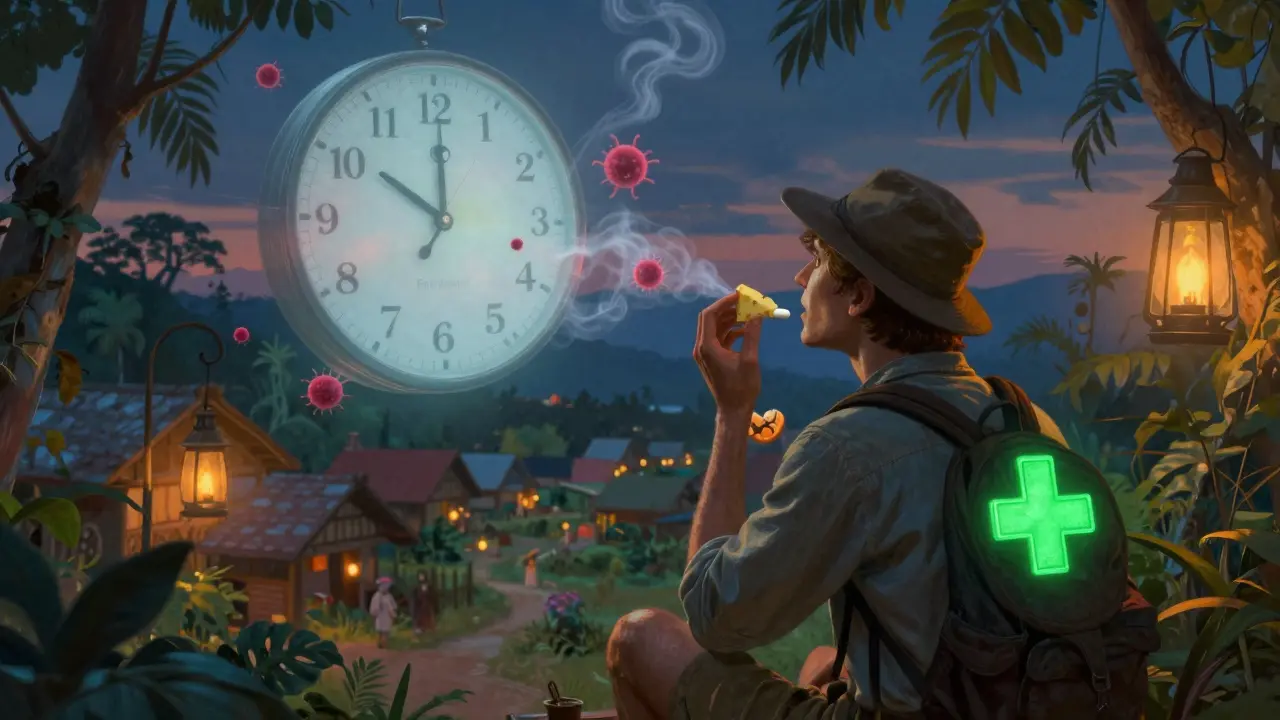 Viajero en pueblo remoto toma pastilla con queso bajo luz de linternas y reloj espectral.