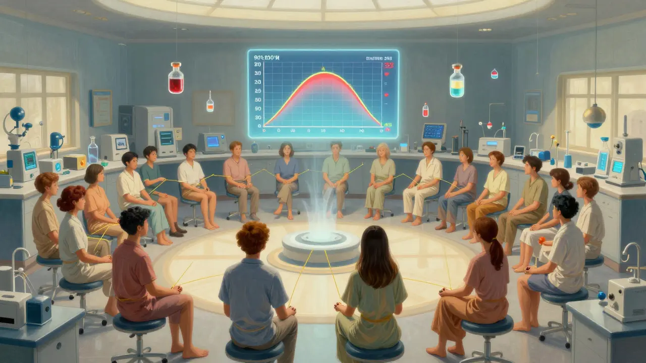 24 voluntarios en un laboratorio iluminado por luz solar, conectados por hilos dorados a una gráfica de concentración en sangre.