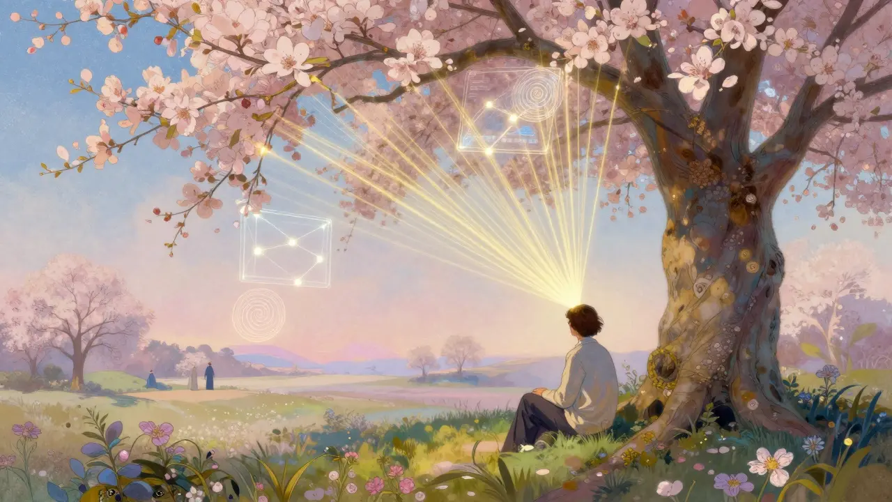 Conexión digital simbólica con hilos dorados y naturaleza