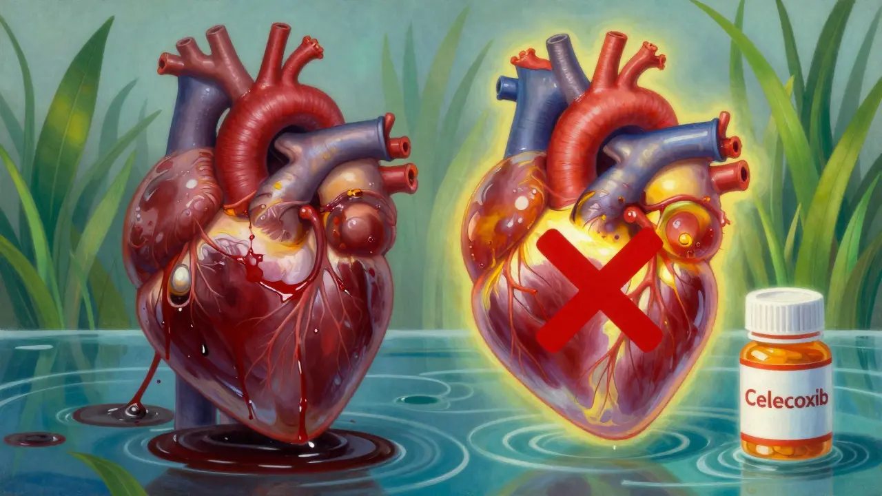 Corazón enfermo bombeando líquido oscuro frente a uno sano, con una X sobre un medicamento antiinflamatorio.