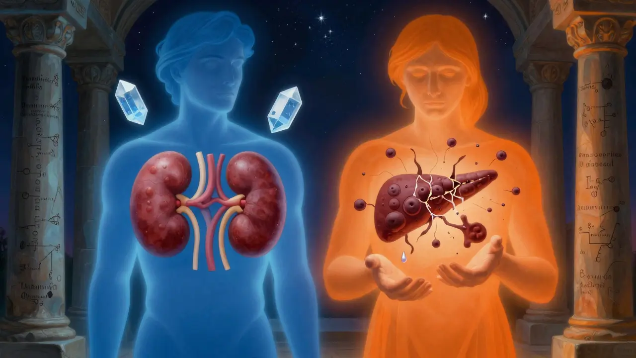 Dos figuras simbólicas comparando los efectos de la ciclosporina y el tacrolimus, con cristales y células flotantes en un paisaje onírico.