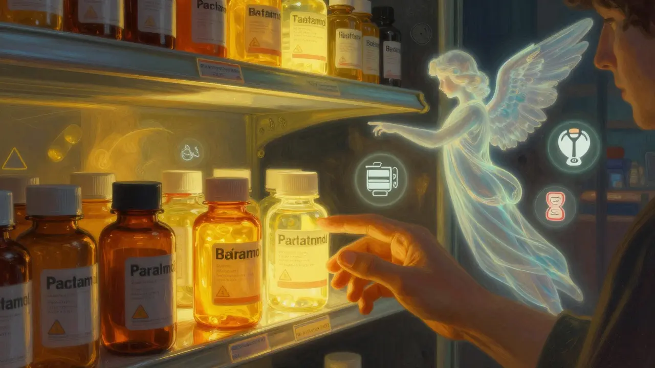 Estantería de farmacia con paracetamol iluminado y NSAIDs en sombra, mano alcanzando la opción segura.