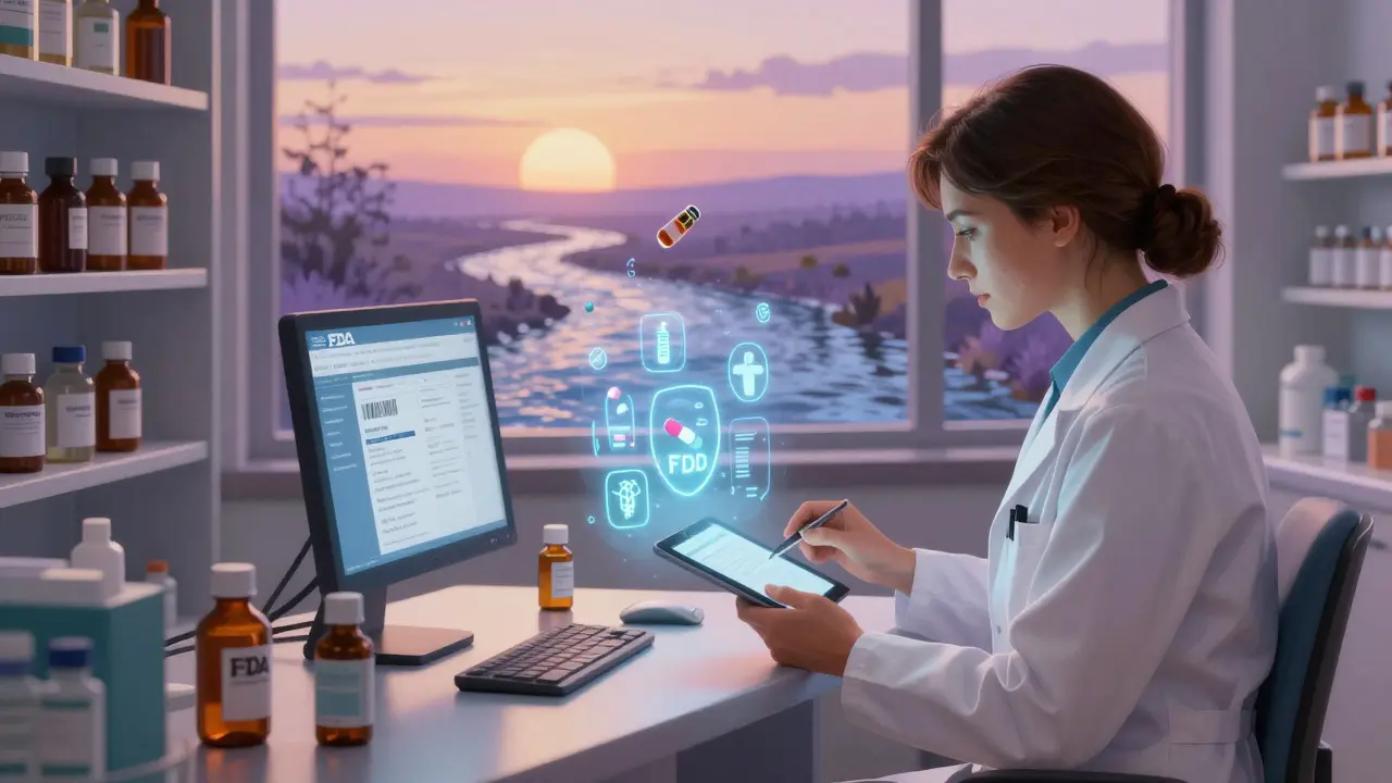 Farmacéutico revisando la base de datos de la FDA en una tableta, con íconos de medicamentos flotantes en una farmacia hospitalaria.