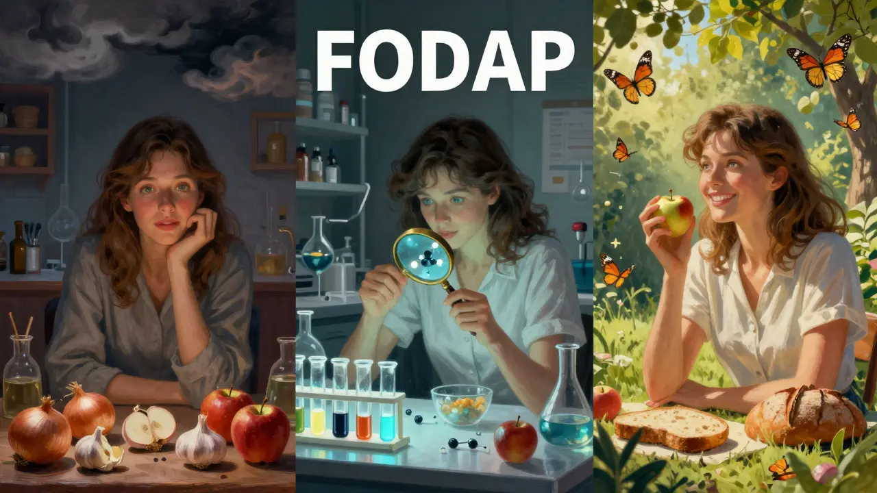 Journey of FODMAP diet: from restriction to scientific discovery to personal freedom, shown in three symbolic panels with soft light and ethereal details.