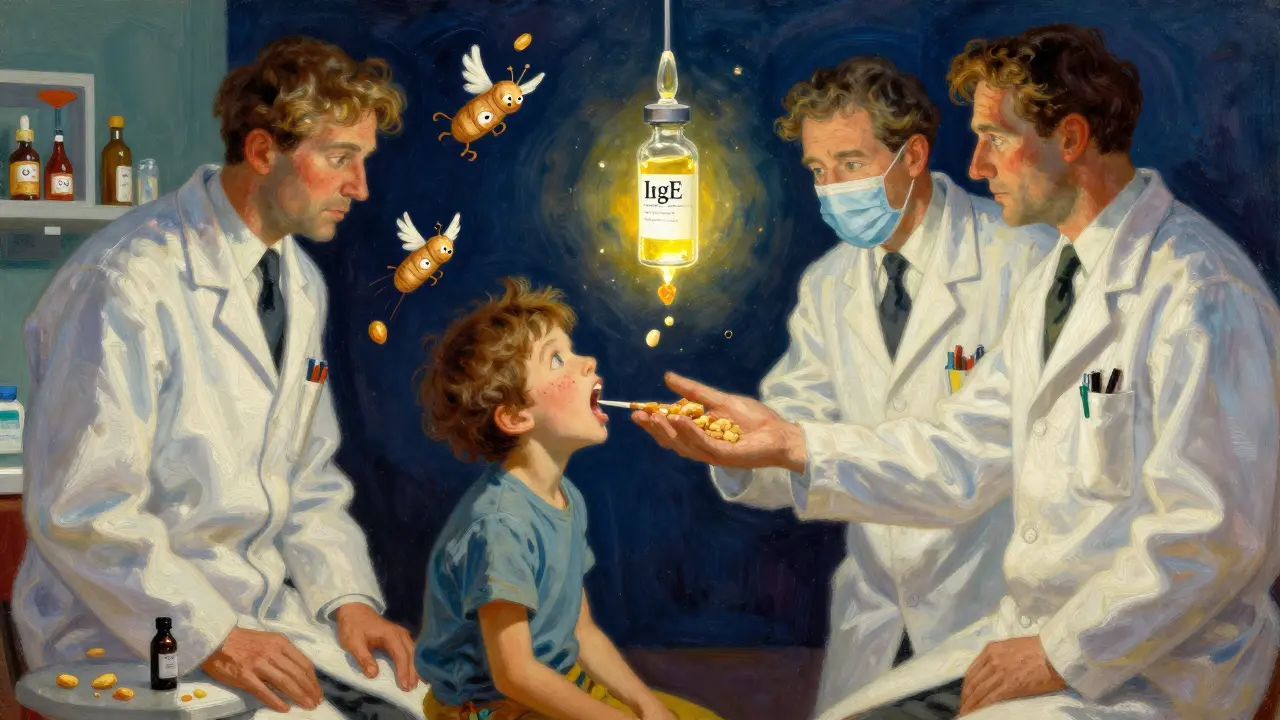 Niño en clínica recibiendo prueba de alergia, con una jeringa de epinefrina brillante y anticuerpos IgE con alas volando alrededor de cacahuetes.