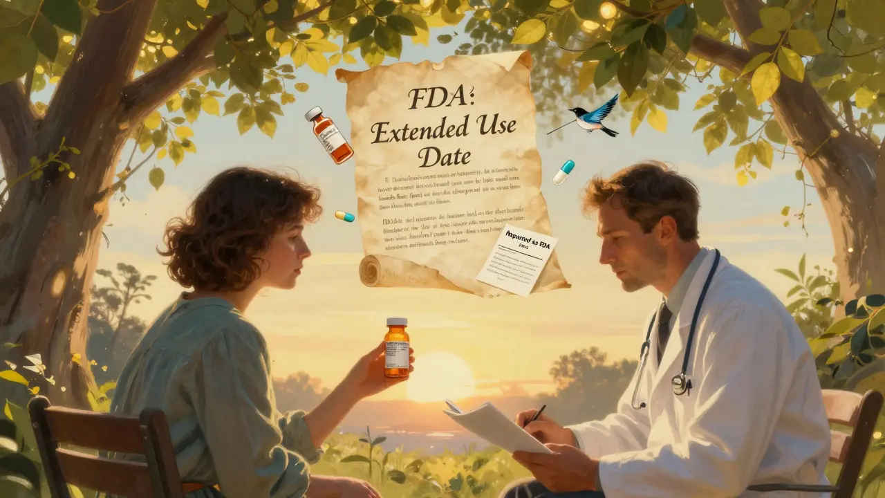 Paciente y médico juntos bajo un dosel de hojas brillantes, con un pergamino que muestra la autorización de uso extendido de un medicamento.