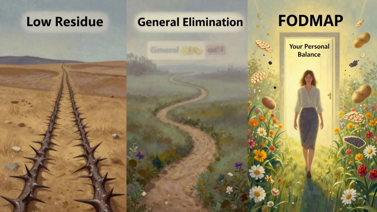 Three dietary paths for IBS: one barren, one blurred, one radiant — a woman walks confidently toward balance on a flower-lined avenue of safe foods.