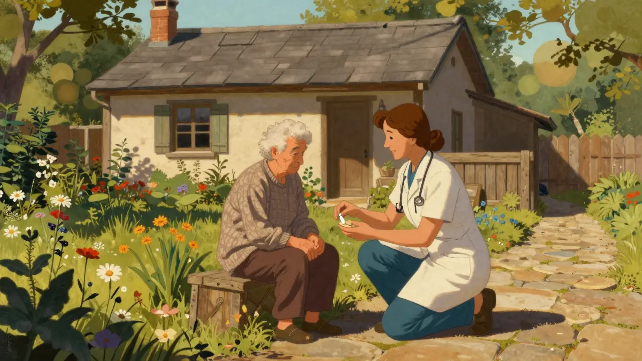 Trabajador comunitario ayuda a paciente en casa rural