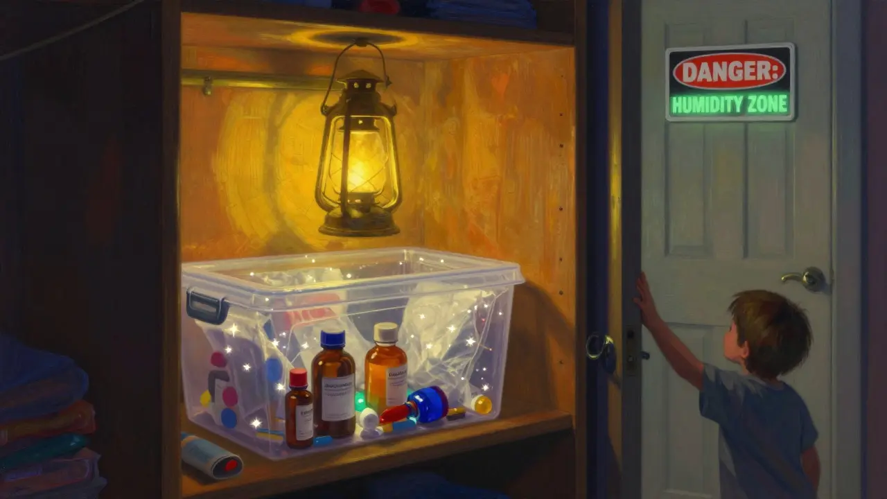 Un armario de dormitorio con caja sellada y pastillas de sílice brillando suavemente.