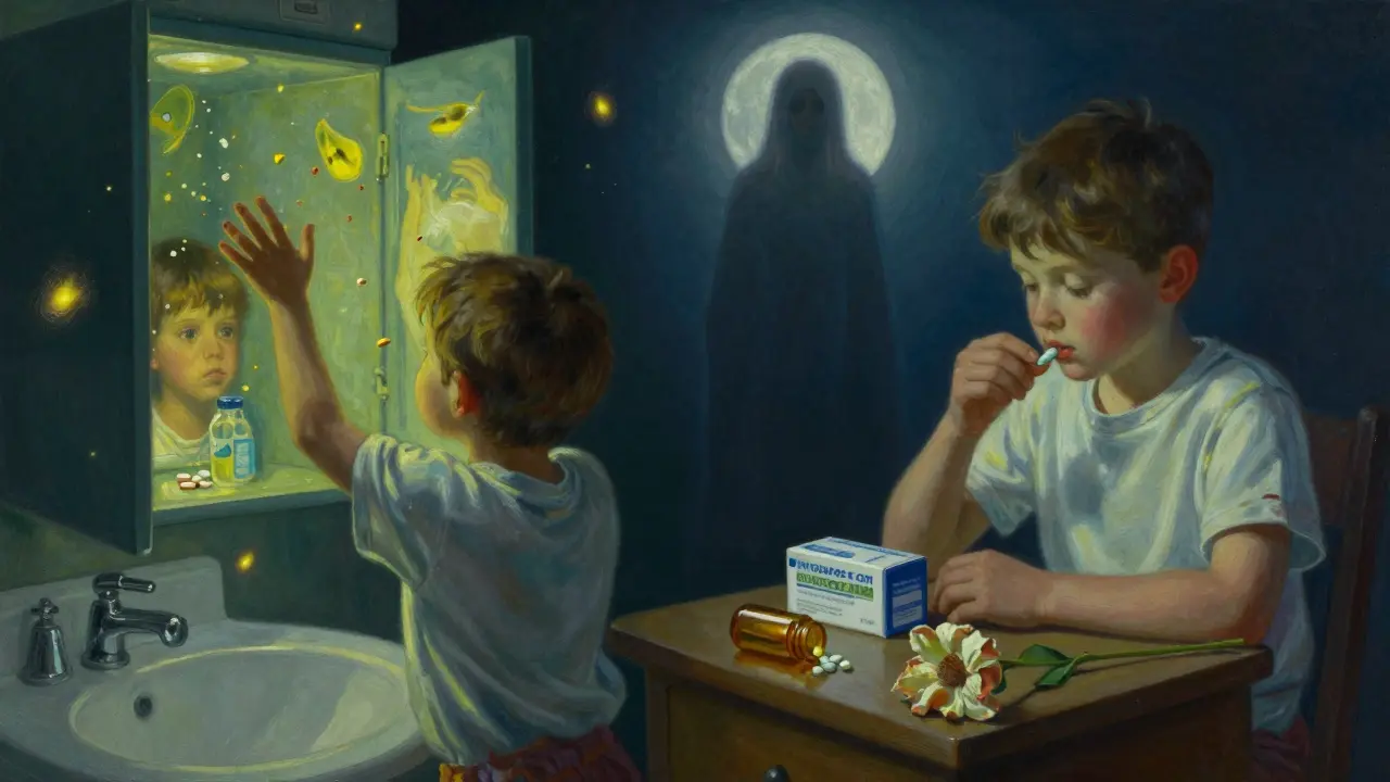 Un diptico: un niño en el baño peligroso vs. uno seguro en su habitación con luz lunar.