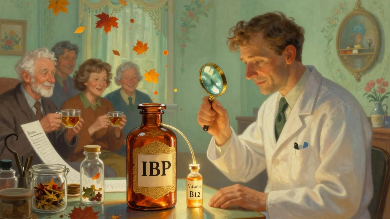 Un farmacéutico examina una botella de IBP que se vacía en una vial brillante, mientras pacientes mayores beben té entre patrones florales luminosos.