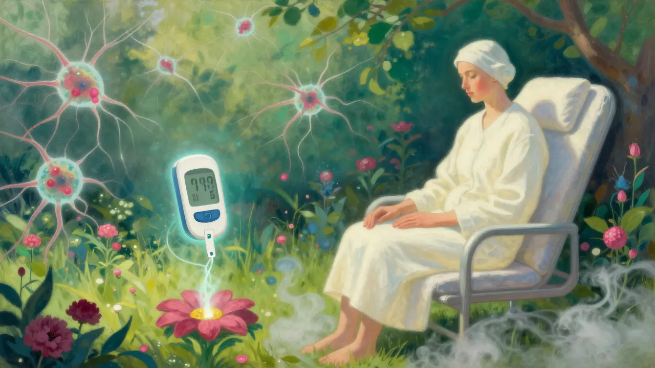 Un paciente en un jardín con un monitor de glucosa flotante y neuronas que emiten temblores, bajo una luz suave y etérea.