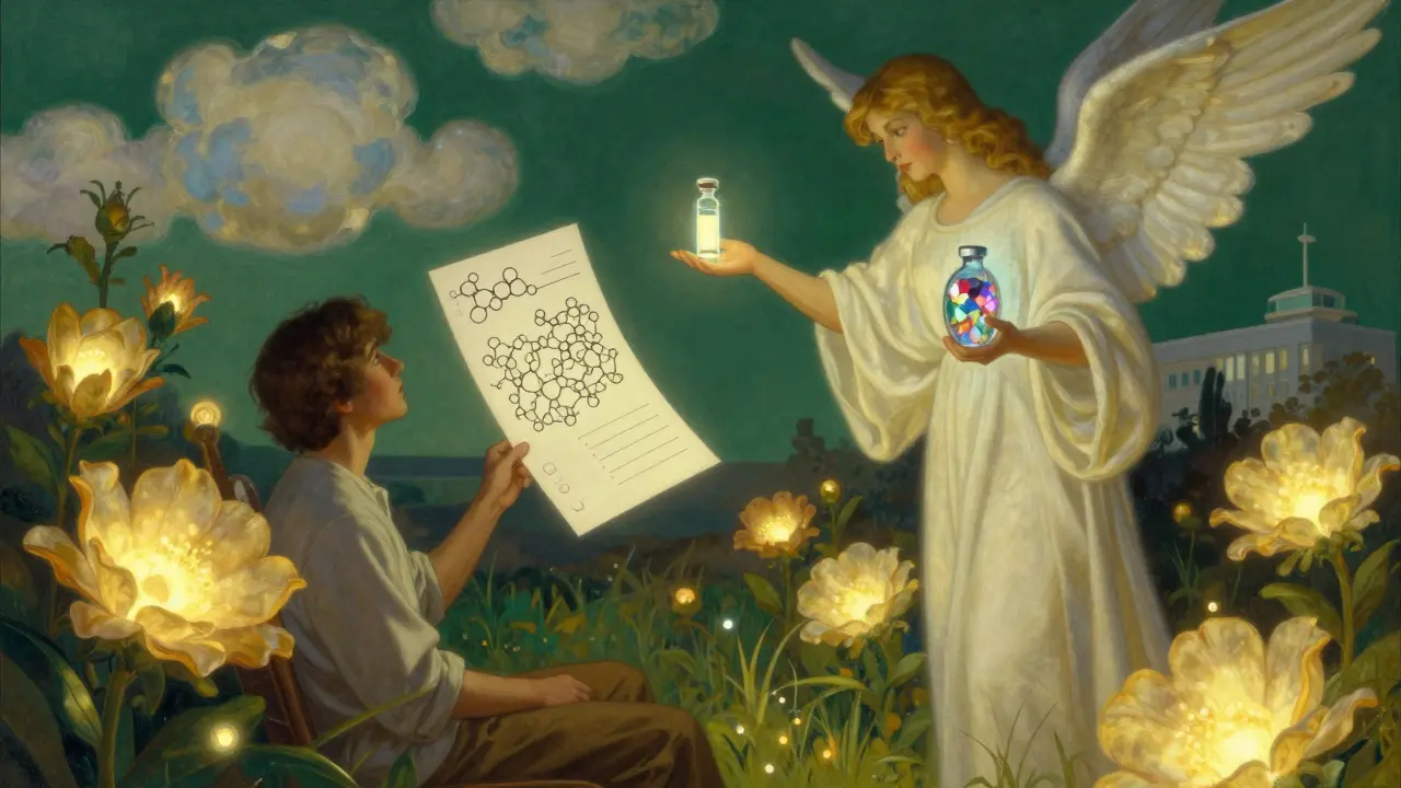 Un paciente recibe una receta que muestra la diferencia entre un genérico y un biosimilar, rodeado de flores mágicas.