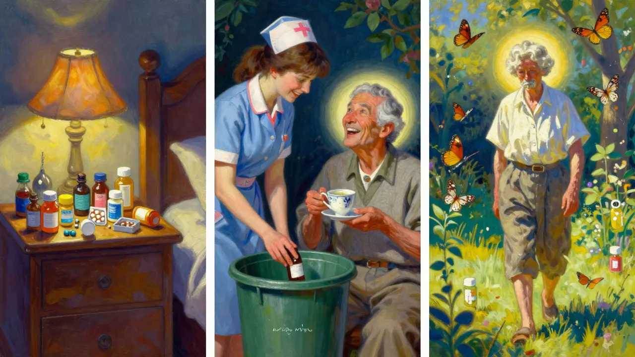 Un tríptico simbólico: botellas de medicamentos, una persona compartiendo té con un profesional, y una anciana caminando en un jardín con mariposas emergiendo de las píldoras vacías.