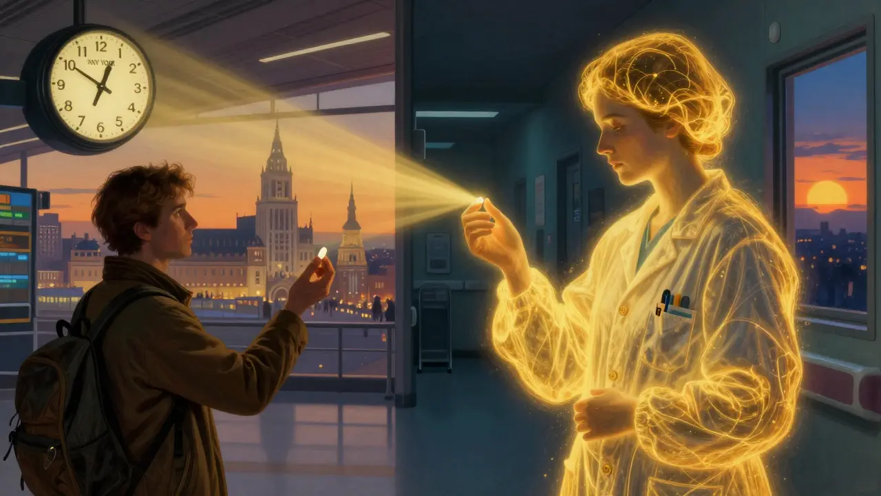 Un viajero y un trabajador nocturno son iluminados por aura dorada de melatonina, sincronizando sus relojes biológicos con cielos de noche y alba.