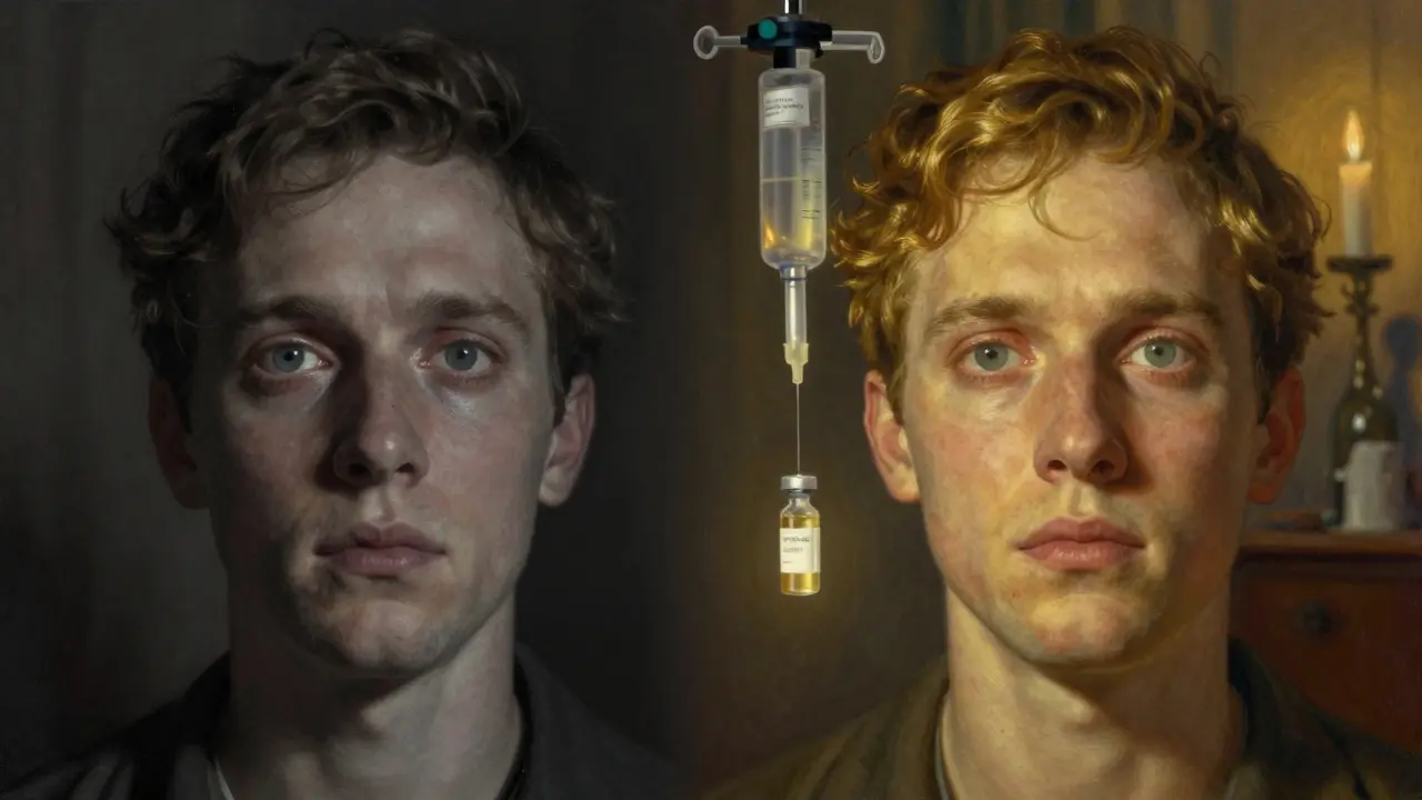 Comparación artística: rostro con proptosis a la izquierda y restaurado a la derecha, con un anticuerpo brillante que lo cura.