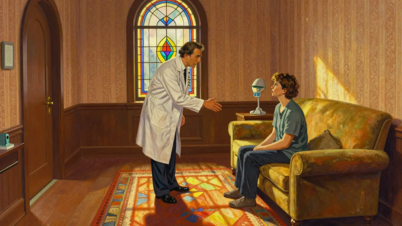 Consultorio médico cálido con luz de vitrales y figuras humanas.