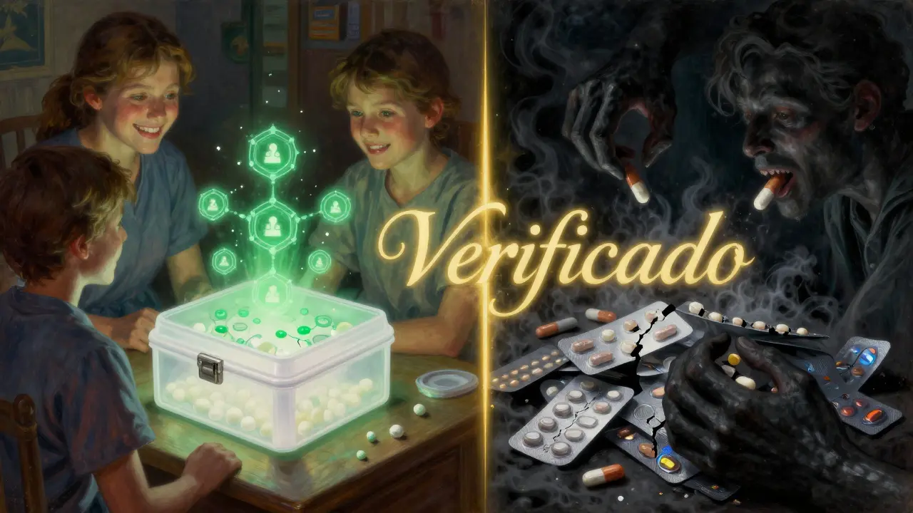 Contraste entre un medicamento auténtico brillante y envuelto en luz, y pilas de falsificaciones en sombra, separadas por una línea dorada que dice 'Verificado'.