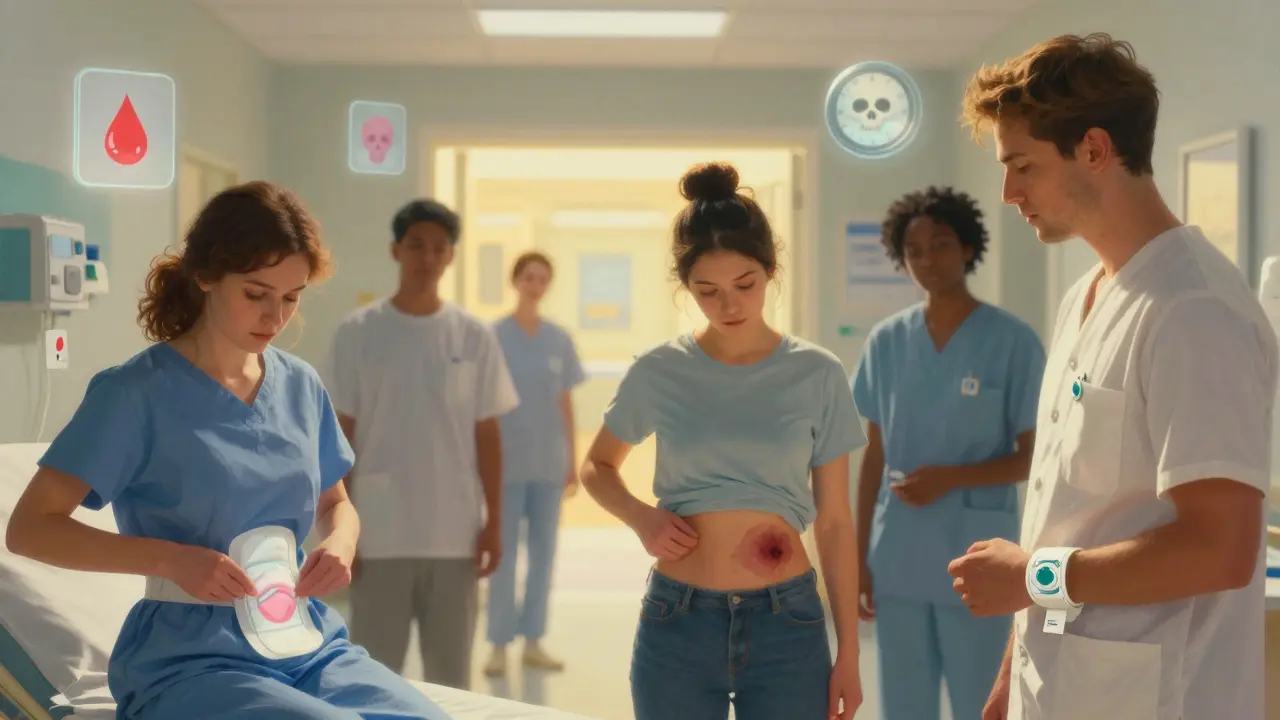 Diversos pacientes mostrando signos de sangrado, con brazaletes médicos y señales de alerta flotantes bajo luz etérea.