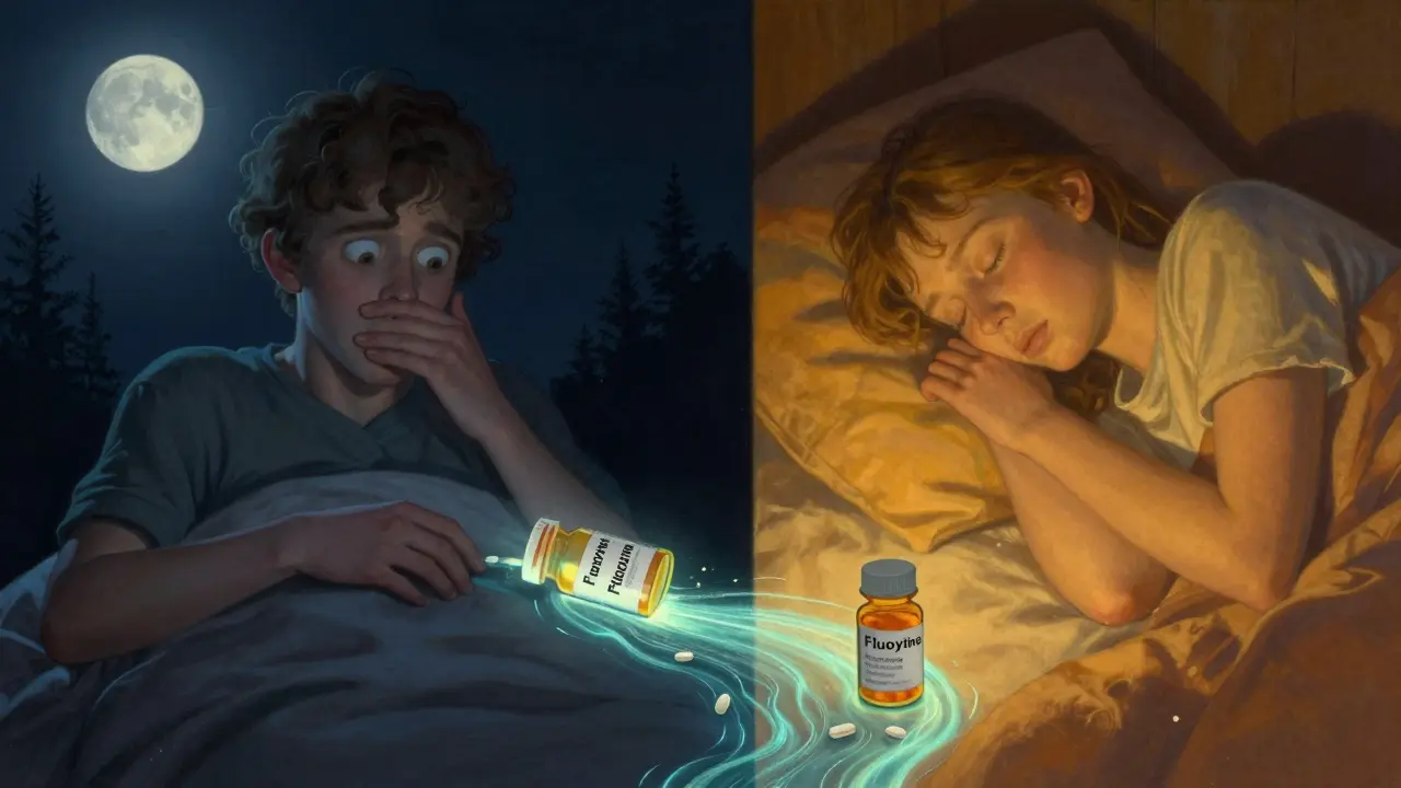 Dos figuras contrastantes: una desvelada en la noche, otra dormida en la mañana, conectadas por un río de serotonina.