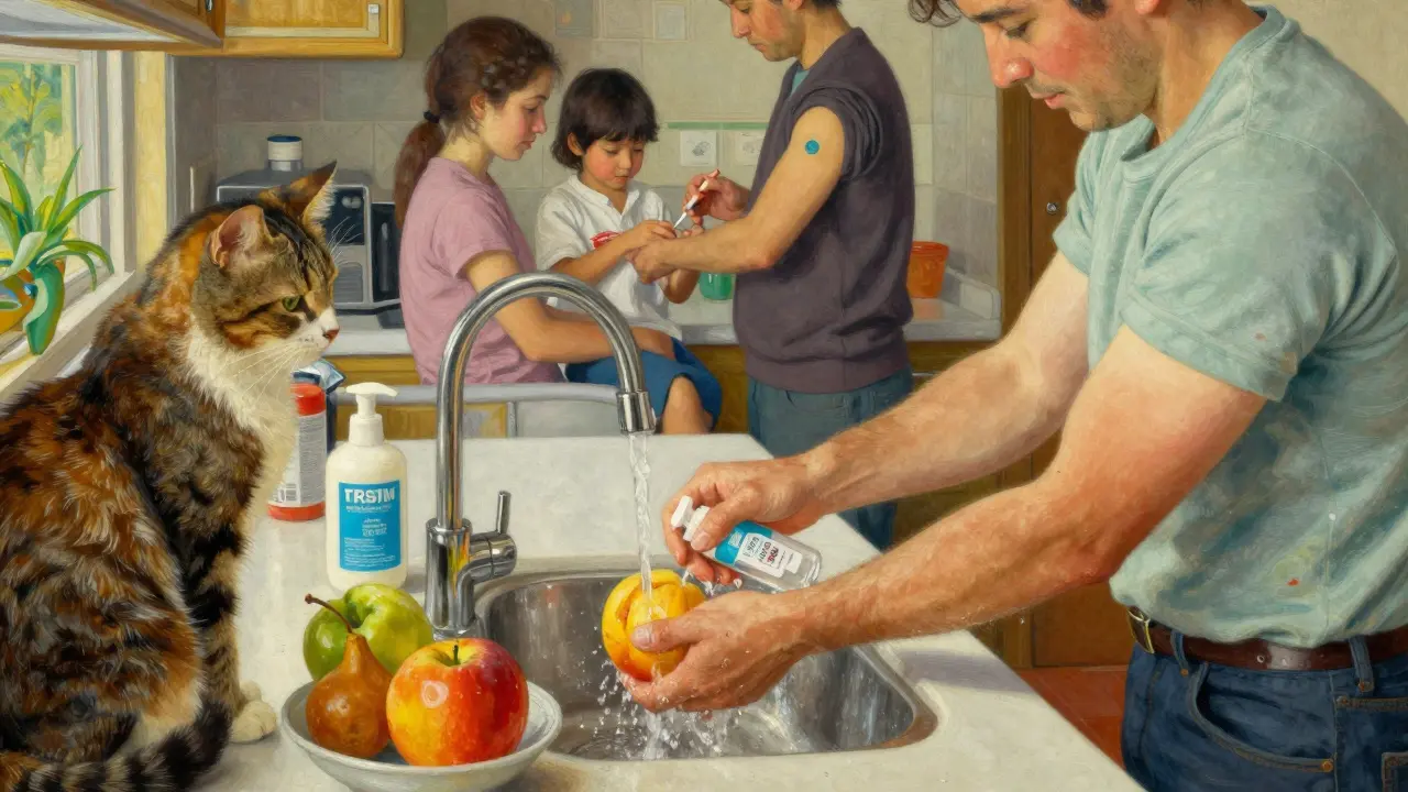 Escena cotidiana segura: frutas lavadas, gato distante y familia vacunada, ilustrada con luces suaves y texturas detalladas.