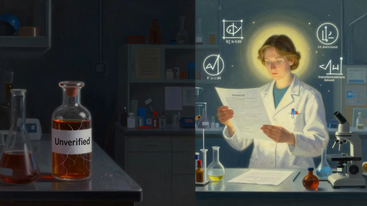 Escena simbólica: laboratorio desordenado a la izquierda y laboratorio luminoso y preciso a la derecha, con símbolos de exactitud científica.