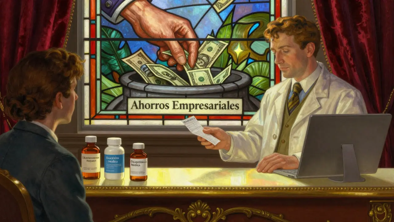 Farmacéutico entregando una receta con botellas de medicamentos y una ventana de vidrio colorido que muestra ahorros empresariales, estilo Maxfield Parrish.
