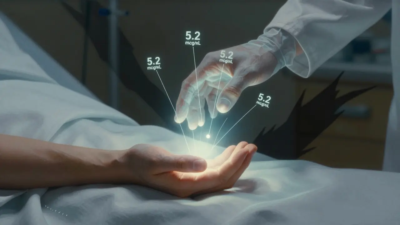 Mano de paciente sostenida por una mano luminosa que emite valores precisos de medicamentos, mientras sombras de errores retroceden.