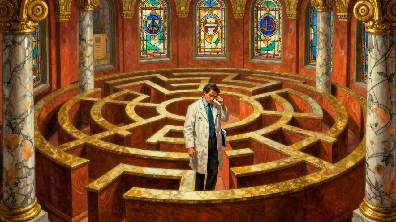 Médico navegando laberinto administrativo de papelera dorada y columnas