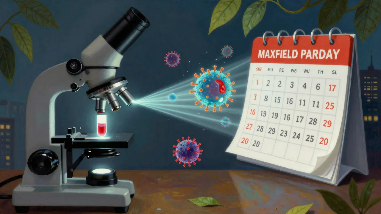 Monitoreo médico simbólico: muestra de sangre con partículas virales neutralizadas, fechas de control y biomarcadores flotantes.