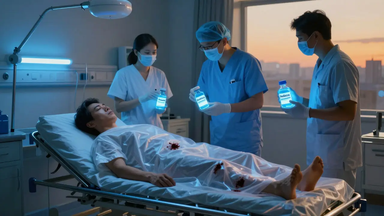 Paciente en sala de emergencias con sangrado interno, personal médico administra antídotos bajo luces de emergencia.