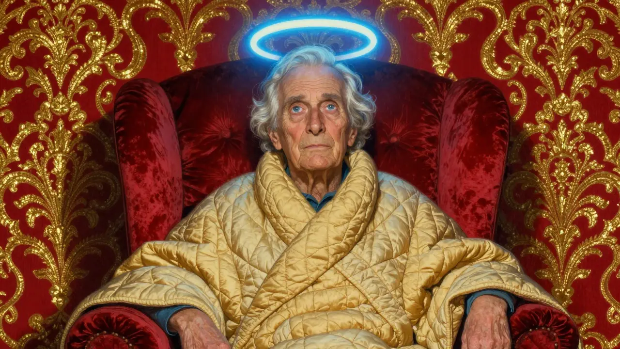 Persona mayor descansando segura rodeada de una atmósfera protectora cálida.