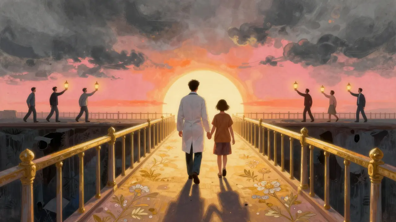 Puente que conecta médico y paciente con apoyo financiero y amanecer