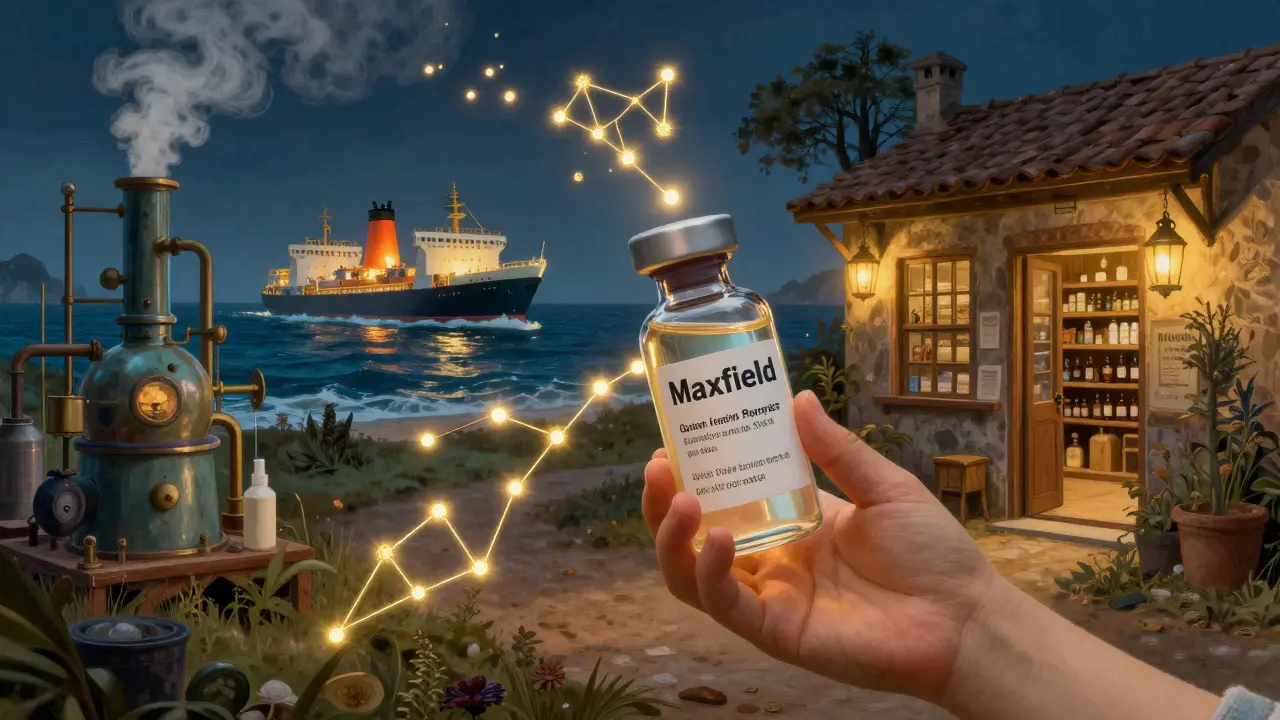 Un medicamento genérico viaja por un paisaje mágico, marcado por cadenas doradas que representan la trazabilidad blockchain desde la fábrica hasta la farmacia.